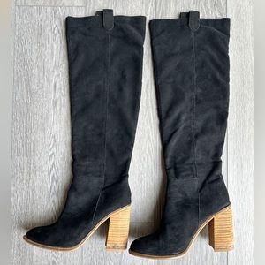Mi.iM Black Suede Knee-High Block Heel Boots with Tan Stacked Heel